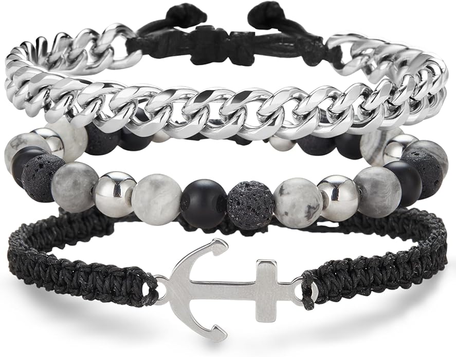 3pc Mens Beaded Bracelets Silver Stainless Steel Chain Bracelet for Men Handmade Braided Bracelet Sets Jewelry Gifts for Men