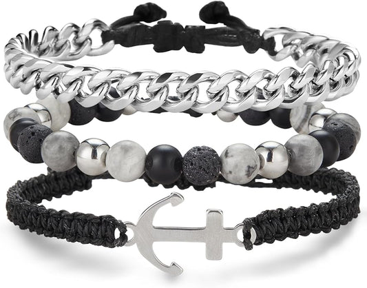 3pc Mens Beaded Bracelets Silver Stainless Steel Chain Bracelet for Men Handmade Braided Bracelet Sets Jewelry Gifts for Men