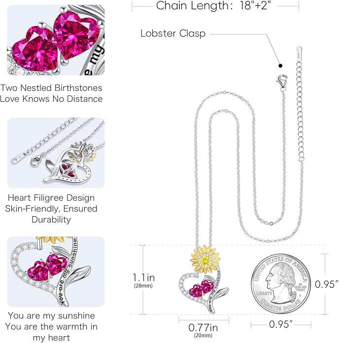 PERJI Valentine's Day Gifts for Women - 925 Sterling Silver Double Birthstone Sunflower Necklace, Anniversary Birthday Jewelry You are My Sunshine Gifts for Wife Couple Girlfriend 18"+2" Non Tarnish