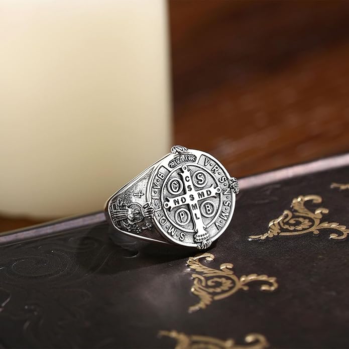 EUDORA S925 Sterling Silver St Benedict Ring San Benito Rings for Women Men, Vintage Ankh Cross Ring Saint Benedict Amulet Adjustable Rings Gifts for Women Mens Father Mother