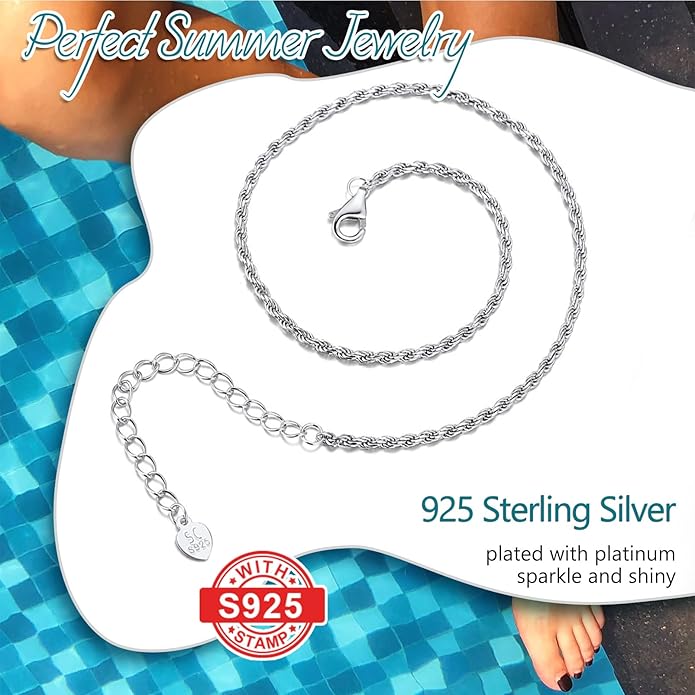 PROSILVER 925 Sterling Silver Ankle Bracelets For Women, Stylish Chain Anklets, Summer Beach Jewelry, 8.6-10.6 Inch Adjustable, Come with Box