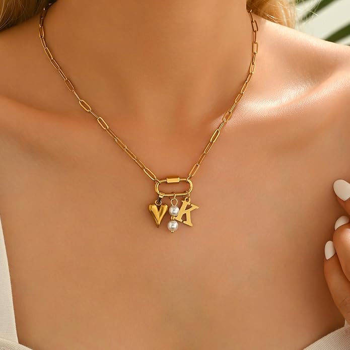 Gold Heart Initial Necklaces for Women 18K Gold Plated Dainty Pearl Letter Necklace Personalized Monogram Name A-Z Pendant Everyday Jewelry for Women