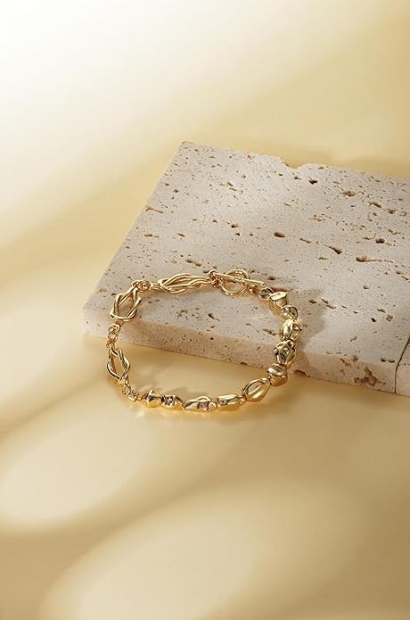 14K Gold Bracelets for Women, Love Knot & Organic Shape Bead Bracelets, Small Wrist Waterproof Gold Plated Toggle Bracelet, Modern Statement Jewelry Gifts for Women Mother Daughter