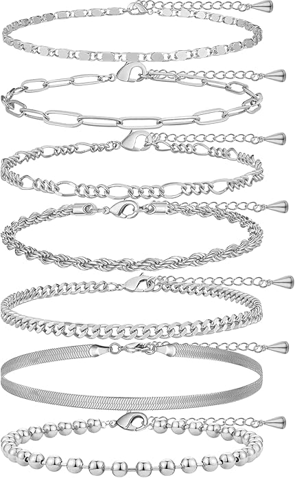 Sterling Silver Anklet Bracelets for Women Waterproof, 925 Sliver Plated CZ & Heart Charm Dainty Layer Anklets for Women Trendy, Simple Chain Anklets Set Gifts for Women, Jewelry Gifts for Her Women Mom Wife Girlfriend