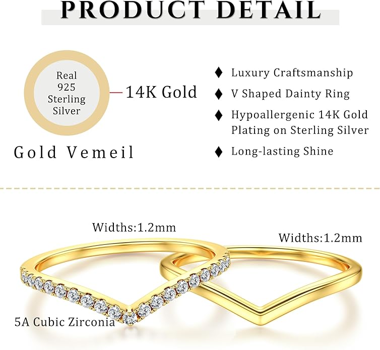 Dochais 2PCS Silver Rings for Women 925 Sterling Silver 14k Gold Plated Wishbone Ring Non Tarnish Wedding Bands Stackable Dainty V Shaped Rings CZ Wedding Rings Promise Ring Engagement 5-10