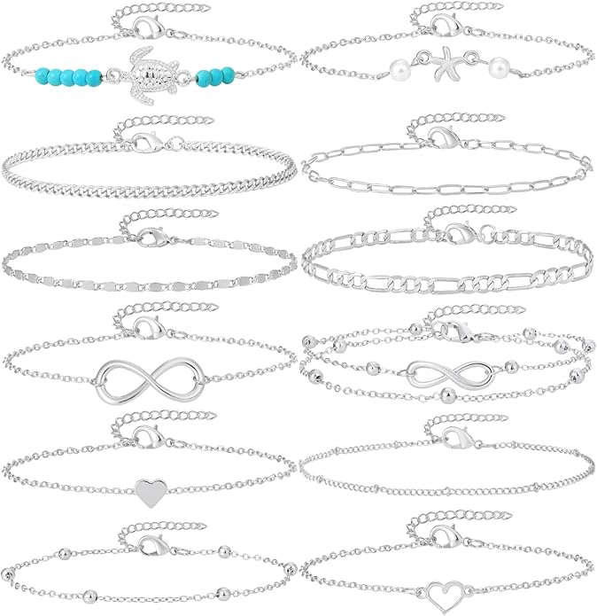 Starain 12Pcs Summer Beach Anklets for Women Waterproof Gold Silver Chain Ankle Bracelets Cute Women's Foot Anklet Set 7.9-10.5 inch Adjustable