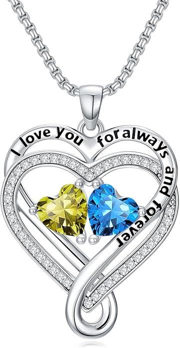 I Love You for Awlays and Forever Double Heart Necklace with Birthstone, 2 Birth Stone Jewelry Anniversary Valentines Mothers Day Christmas Birthday Gifts for Women Her Wife Girlfriend Mom Mother