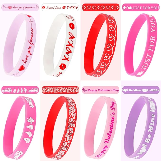 JUNEBRUSHS 64Pcs Valentine's Day Party Favors Silicone Bracelets Pink Red Love Heart Rubber Wristbands Accessories for Adults Valentine's Day Wedding Party Decorations Gift (8 Designs)