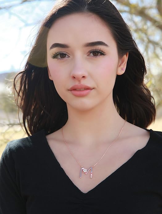Flower Initial Letter Necklace Pink Red Blue Simulated Pearl Pendant Name Jewelry Made with Austrian Crystals Rose Gold Plated Anniversary Birthday Gifts for Women,18"+2"