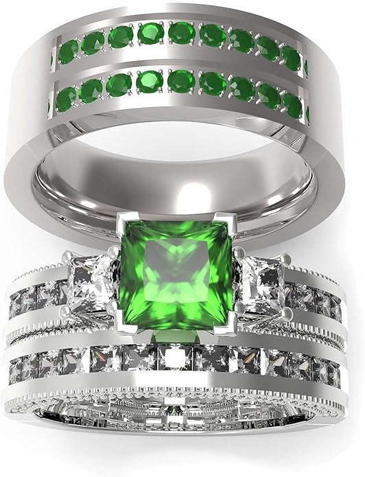 TWO RINGS Wedding Ring Sets His And Hers Promise Ring Couples Bridal Sets Women 925 Sterling Silver square Cz Man Stainless Steel Brushed Finished Wedding Bands