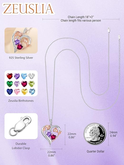 Zeuslia Double Birthstone Necklace Gifts for Wife - 925 Sterling Silver Sunflower/Rose/Crown Cross/Compass/Heart Pendant I Love You Necklace, Anniversary Birthday Gifts for Wife Girlfriend Mom Her