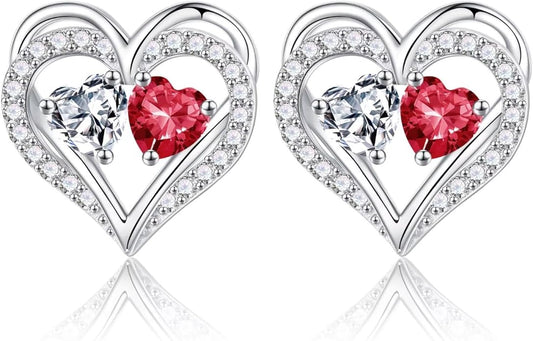 Iefil Birthstone Earrings for Women - 925 Sterling Silver Heart Earrings Anniversary Birthday Gifts for Women Wife Girlfriend Mom