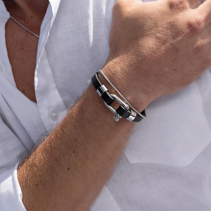 Elegatto Morelle Premium Leather Bracelet for Men | Full-Grain Black Leather with Silver Polished Stainless Steel Shackle Closure | Men’s Designer Jewelry