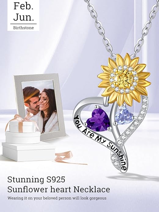 Zeuslia Double Birthstone Necklace Gifts for Wife - 925 Sterling Silver Sunflower/Rose/Crown Cross/Compass/Heart Pendant I Love You Necklace, Anniversary Birthday Gifts for Wife Girlfriend Mom Her