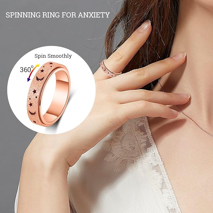 AmorArtSky Anxiety Ring for Women Men, Titanium Stainless Steel Spinner Ring, 5 Colors, 6MM, Size 6-10, 3 Styles Anxiety Ring-Moon Star, Sandblasted Finished, Hollow Outer
