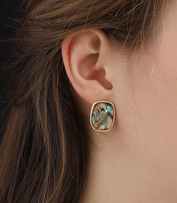 M.DUN- Round Edges Rectangle Shape Studs Earring. Abalone Amber Turquoise Resin Stone Design, 18k Real Gold Plated Bezel, Hypoallergenic Gorgeous Gift for Women