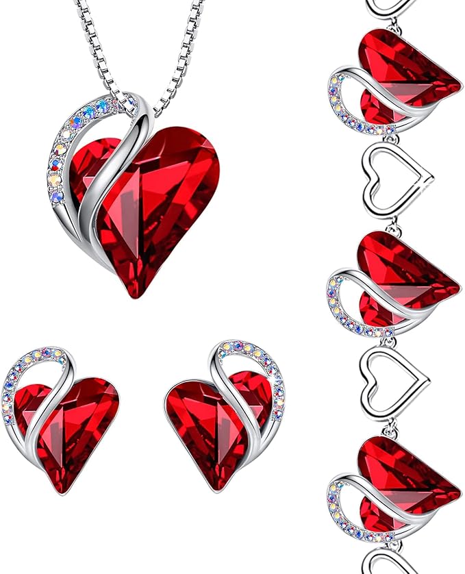 Leafael Infinity Love Heart Necklace, Stud Earrings, and Bracelet for Women, July Birthstone Crystal Jewelry, Silver Tone Gifts for Women, Siam Ruby Red