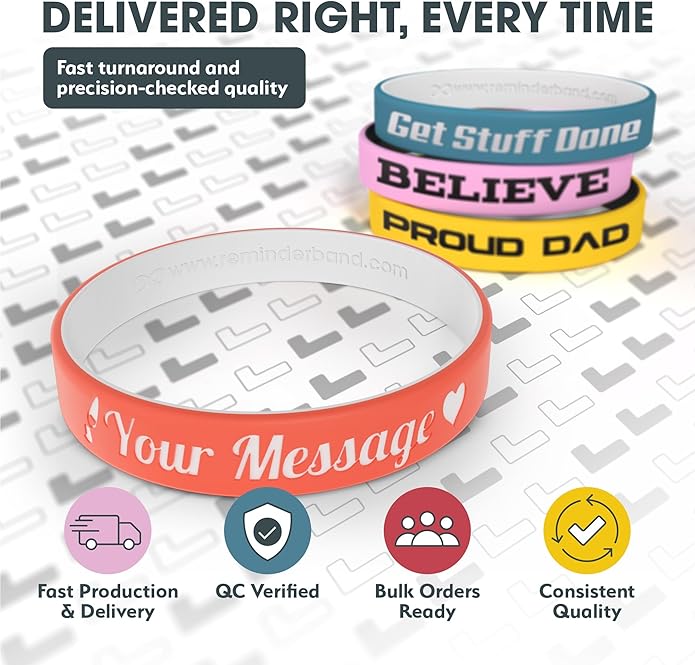 Reminderband Custom 100% Silicone Luxe Wristbands – Personalized Motivational Bracelets, Bulk Rubber Bands for Events, Fundraisers, Awareness, Gifts - Hypoallergenic Bands