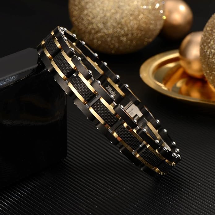 Holizaly Men's Stainless Steel Two Tone Square Link Bracelet, Black and Blue Ion Plated Black