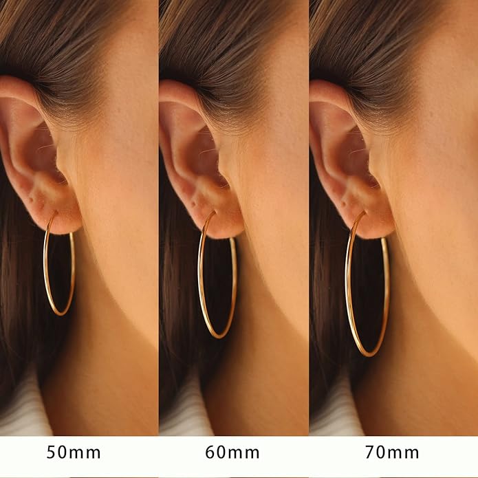 3 Pairs Sterling Silver Hoop Earrings, 14K White Gold Plated Big Hoop Earrings Set for Women 40 50 60MM
