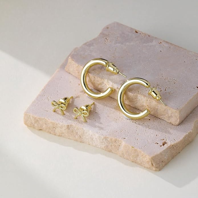 Gold Hoop Earrings Set for Women Trendy, 14K Gold Plated Chunky Hypoallergenic Small Diamond Cartilage Hoops Cute Cubic Zirconia Dangle Stud Earrings Jewelry Gifts