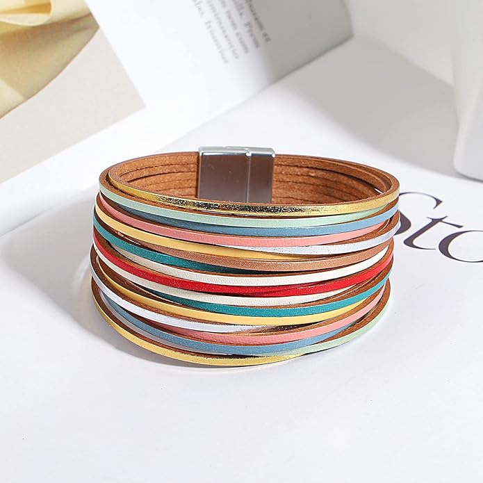 hotoo Handmade Layered Leather Bracelets Wrap for Women Stackable Chunky Colored Men Cuff Bracelet Wristband Bangle Gifts