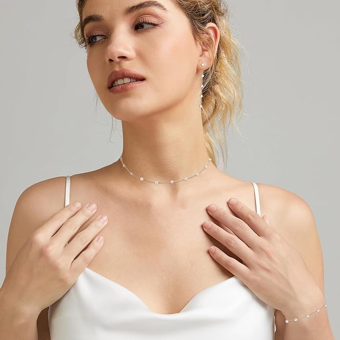 Gold Jewelry Set for Women - Dainty 14K Gold/Silver Plated Pearl Choker Necklace, Drop Earrings & Bracelets - Wedding Trendy Pearl Jewelry Gift