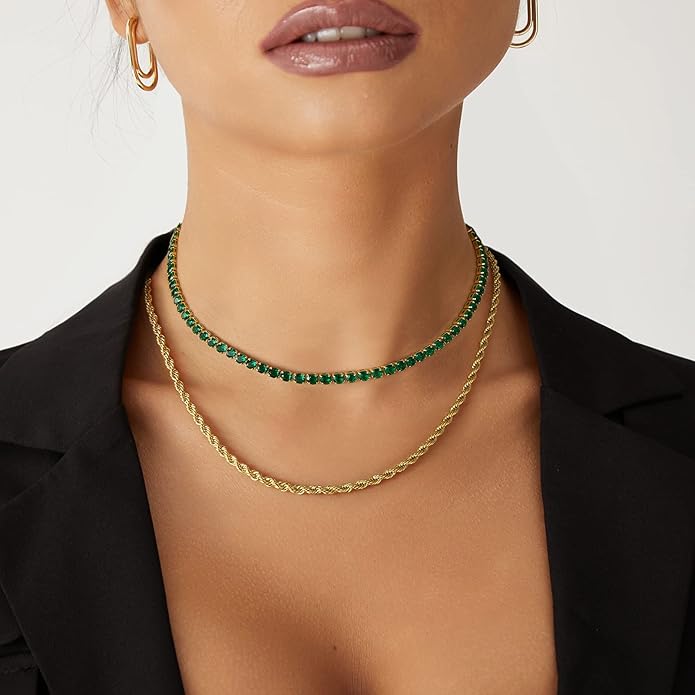 KissYan Diamond Tennis Necklace for Women, 14K/White Gold Plated Cubic Zirconia Baguette Tennis Chain Chunky Paperclip Link Cuban Choker Necklace Dainty Jewelry Gifts