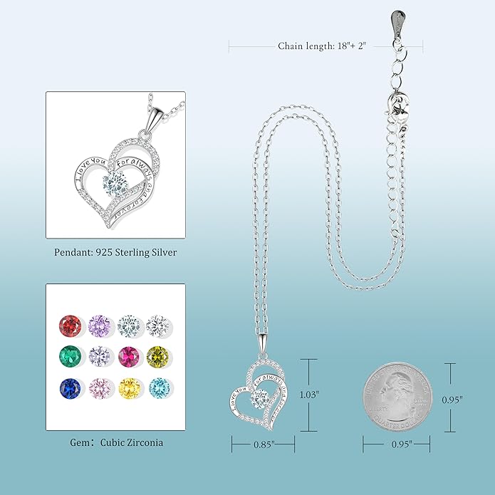 Heart Birthstone Silver Necklace for Women, S925 Sterling Silver Pendant Necklace Birthday Jewelry Gifts for Her Mother Mom Wife Girlfriend
