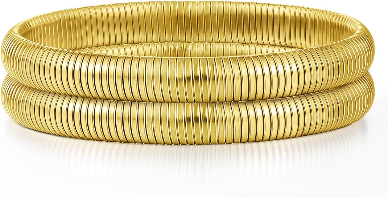 Emibele Gold Bangles Bracelet Set for Women, 18K Gold Plated Chunky Stainless Steel Non Tarnish Stretch Bracelet Stack, Flexible Wide Wristband Bangle Layered Snake Chain Bracelets