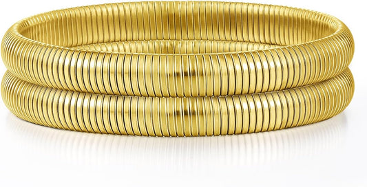 Emibele Gold Bangles Bracelet Set for Women, 18K Gold Plated Chunky Stainless Steel Non Tarnish Stretch Bracelet Stack, Flexible Wide Wristband Bangle Layered Snake Chain Bracelets