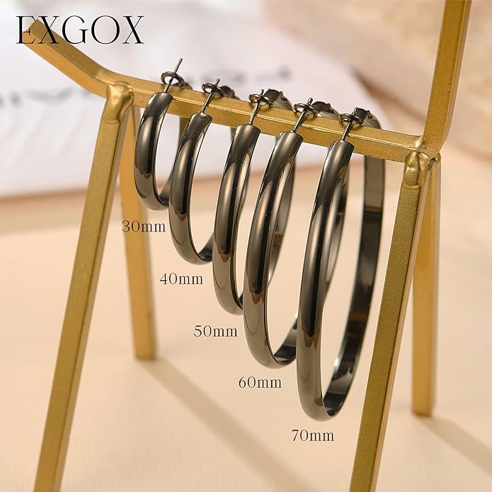 EXGOX 5mm Wide Gold Hoop Earrings for Women,Sterling Silver Hoop Earrings Large Silver Hoop Earrings Hypoallergenic Lightweight 14K Real Gold Plated Big Hoop Earrings for Women 30/40/50/60/70mm