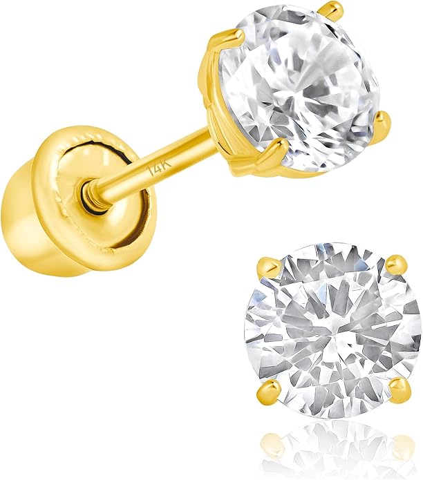 14k Gold Cubic Zirconia Stud Earrings for Women & Men (2mm-6mm Diameter) - CZ Simulated Diamond, Real Solid 14K Gold, Secure Screw Back