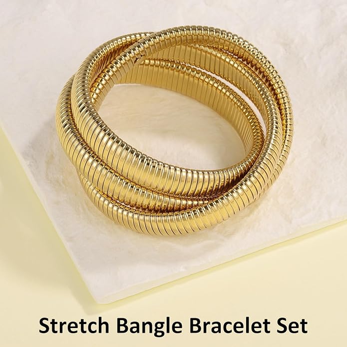 Emibele Gold Bangles Bracelet Set for Women, 18K Gold Plated Chunky Stainless Steel Non Tarnish Stretch Bracelet Stack, Flexible Wide Wristband Bangle Layered Snake Chain Bracelets