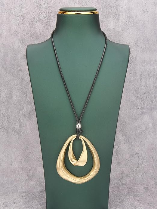 Long Boho Necklaces for Women Vintage Leather Wooden Pendant Y Choker Ethnic Style Gold Circle Hippie Sweater Necklace