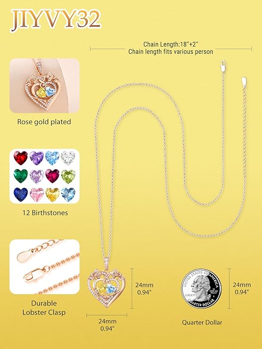 JIYVY32 Rose Heart Necklace for Women Exquisite 925 Sterling Silver Anniversary Birthday Gifts for Wife Mom Her Double Birthstone Pendant Jewelry