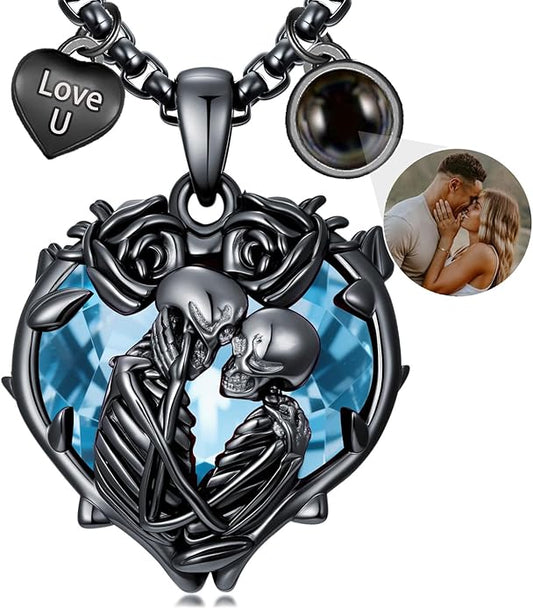 Flpruy 925 Sterling Silver Black Gothic Jewelry Gifts Skeleton Couple Pendant Crystal Birthstone Heart Necklace Punk Romantic Jewelry for Lover Men Women