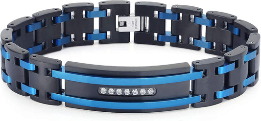 Men's Stainless Steel Two-Tone Square Link diamond Bracelet in Black & Blue Ion-Plated Black