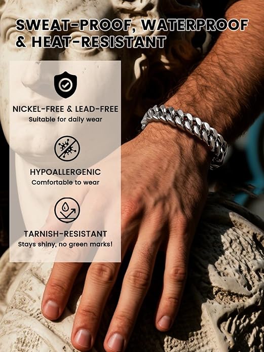 Bestyle Thick Mens Cuban Link Chain Bracelets, Durable Real 18K Gold/Black Metal Plated Solid Stainless Steel Hand Chain Cuban Bracelets for Men, Silver Black Gold Bracelets for Father Husband