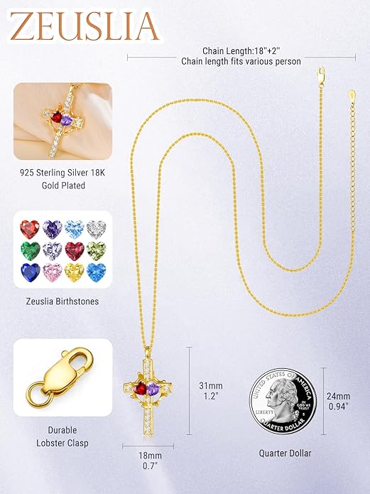 Zeuslia Double Birthstone Necklace Gifts for Wife - 925 Sterling Silver Sunflower/Rose/Crown Cross/Compass/Heart Pendant I Love You Necklace, Anniversary Birthday Gifts for Wife Girlfriend Mom Her