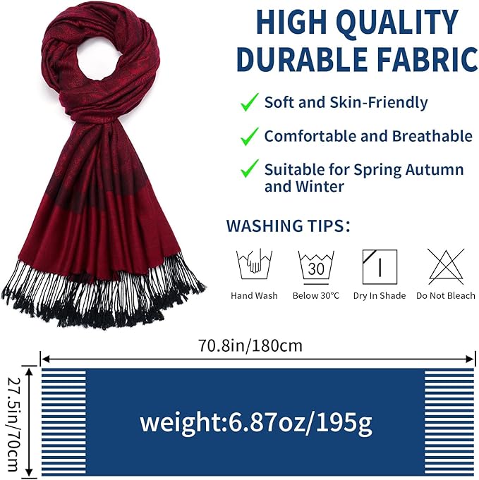 QIUTIMIY Paisley Pashmina Shawl Wrap Women Reversible Vintage Jacquard Pashmina Rave Scarf with Fringe for Evening, Wedding