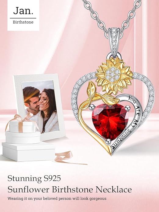 Zeuslia Double Birthstone Necklace Gifts for Wife - 925 Sterling Silver Sunflower/Rose/Crown Cross/Compass/Heart Pendant I Love You Necklace, Anniversary Birthday Gifts for Wife Girlfriend Mom Her