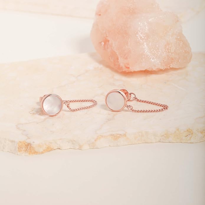 S.Leaf Gold Stud Earrings for Women 925 Sterling Silver Hypoallergenic Mother of Pearl Shell Stud Chain Earrings Friendship Jewelry Gifts for Women Her