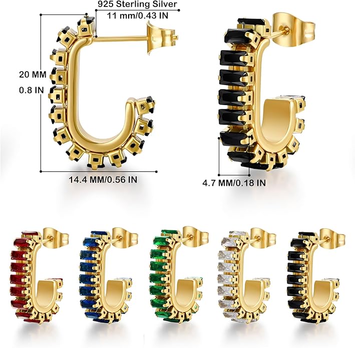 Green Crystal huggie gold hoop earrings for women Girls,14K Gold Plated with 925 Sterling Silver Post color Cubic Zirconia dainty cute Earrings| CZ Stud Earring