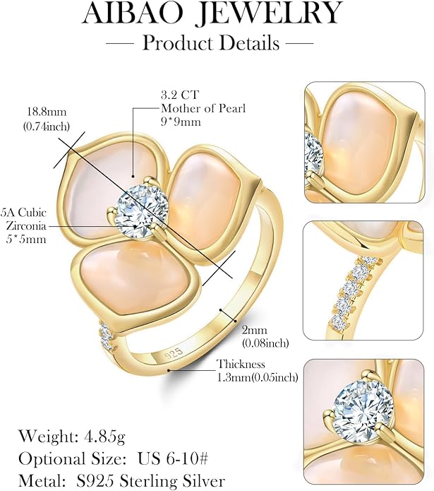 AIBAO Flower Gemstone Rings for Women Three Pental Turquoise/Malachite/Mother of Pearl Flower Ring with Cubic Zirconia Center Sterling Silver Statement Rings Size 6 to 10