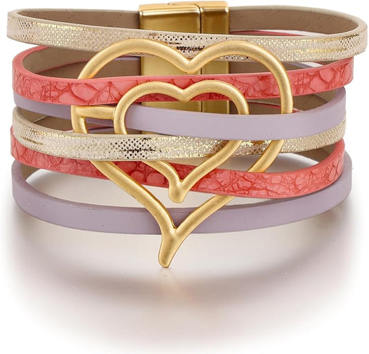 Edoneery Leather Wrap Bracelet for Women, Boho Handmade Multi-Layer Cuff with Crystal Beads Heart, Stackable Bangle Western Jewelry Gift