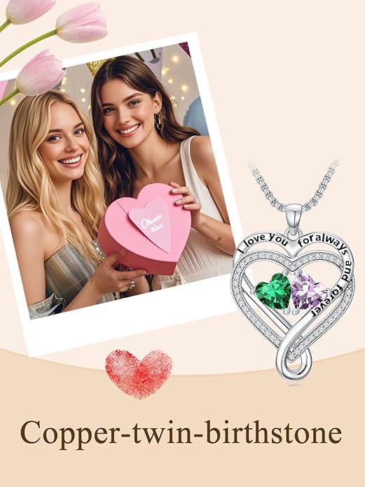 I Love You for Awlays and Forever Double Heart Necklace with Birthstone, 2 Birth Stone Jewelry Anniversary Valentines Mothers Day Christmas Birthday Gifts for Women Her Wife Girlfriend Mom Mother