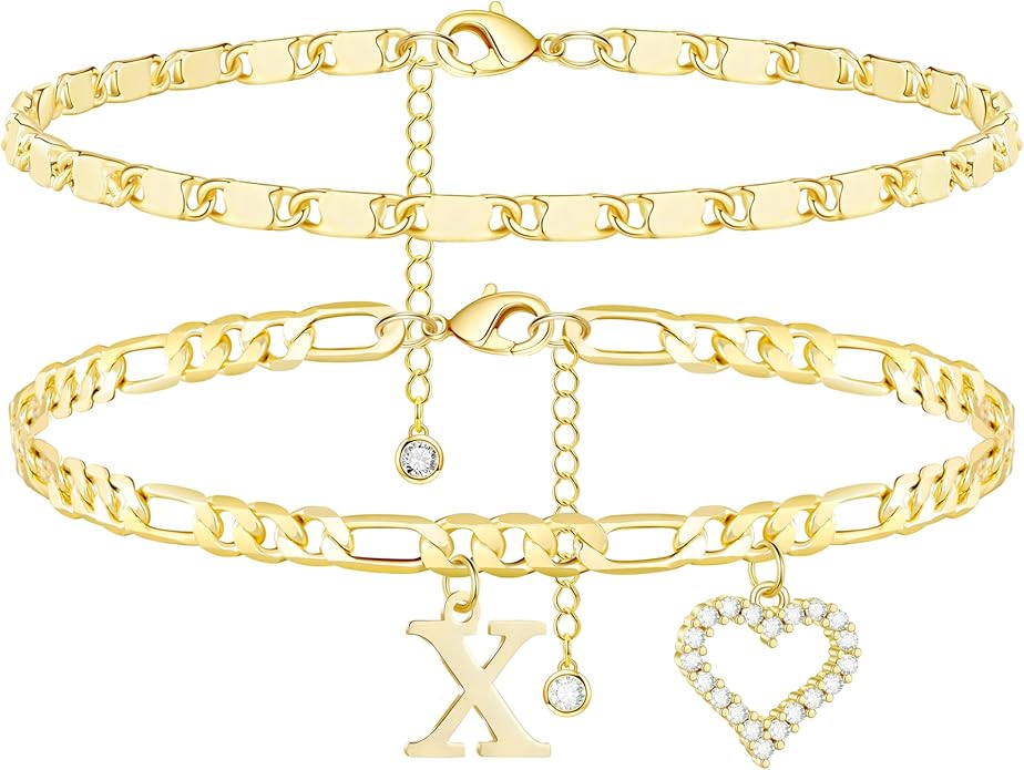 Initial Ankle Bracelets for Women Waterproof 14K Gold Plated Dainty Layered Figaro Chain Letter Initial CZ Heart Ankle Bracelets Set Summer Beach Jewelry for Women