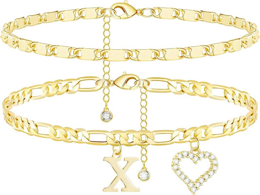 Initial Ankle Bracelets for Women Waterproof 14K Gold Plated Dainty Layered Figaro Chain Letter Initial CZ Heart Ankle Bracelets Set Summer Beach Jewelry for Women