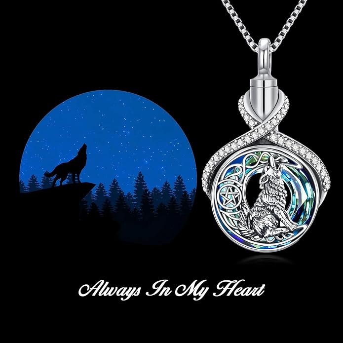 POPKIMI Wolf Urn Necklace Sterling Silver Crystal Urn Necklace for Ashes Cremation Jewelry for Ashes Memory Jewelry for Women Men